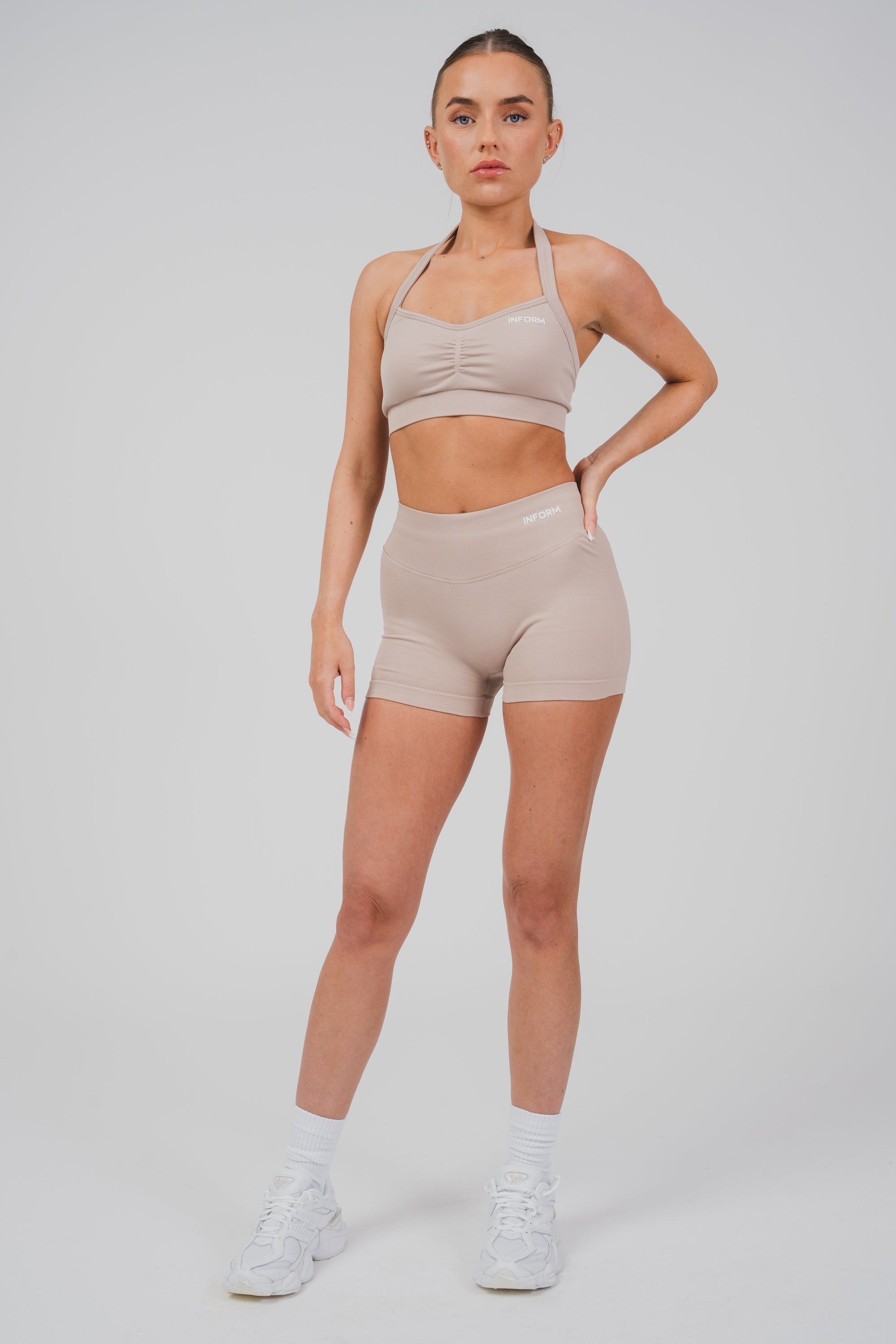 FEMALE SCULPT BEIGE WORKOUT GYM SHORTS - INFORM ACTIVE