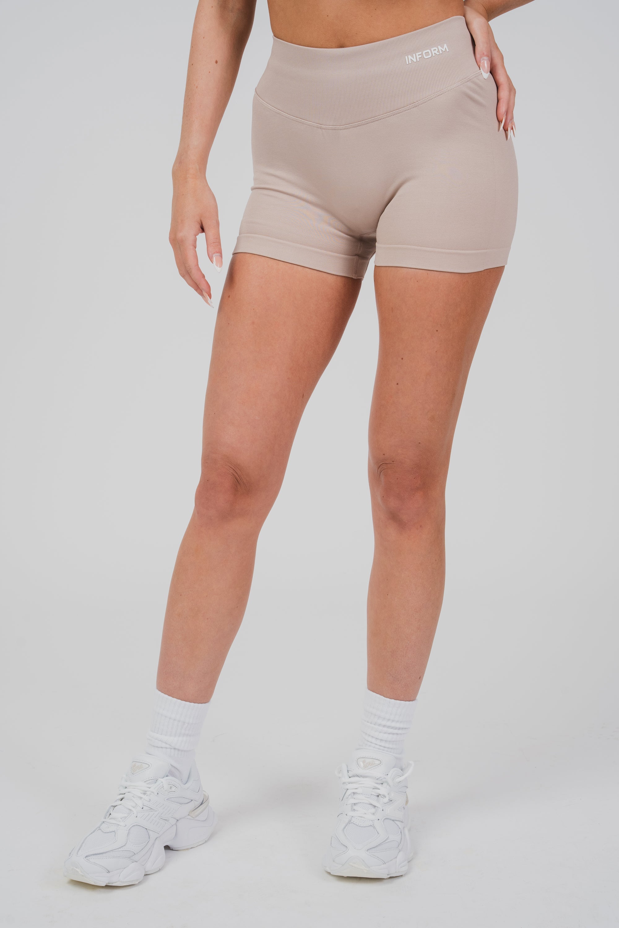 FEMALE SCULPT BEIGE WORKOUT GYM SHORTS - INFORM ACTIVE